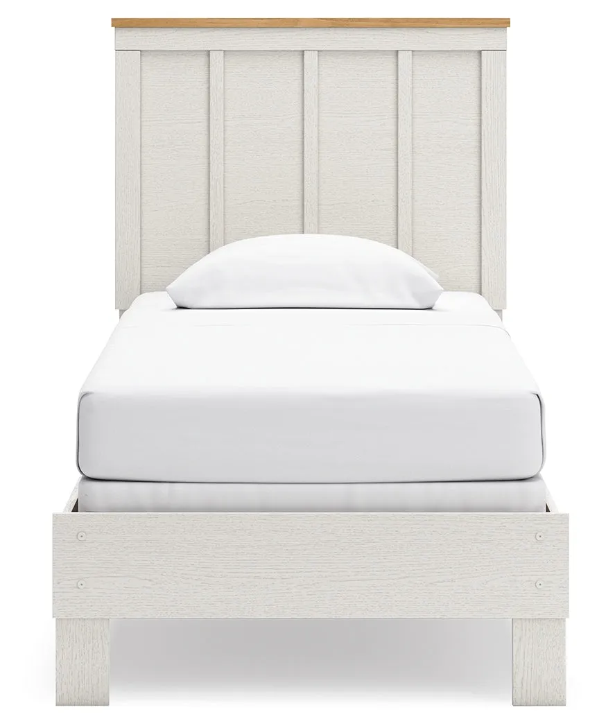Linnocreek Twin Panel Bed with Mirrored Dresser in White/Warm Brown