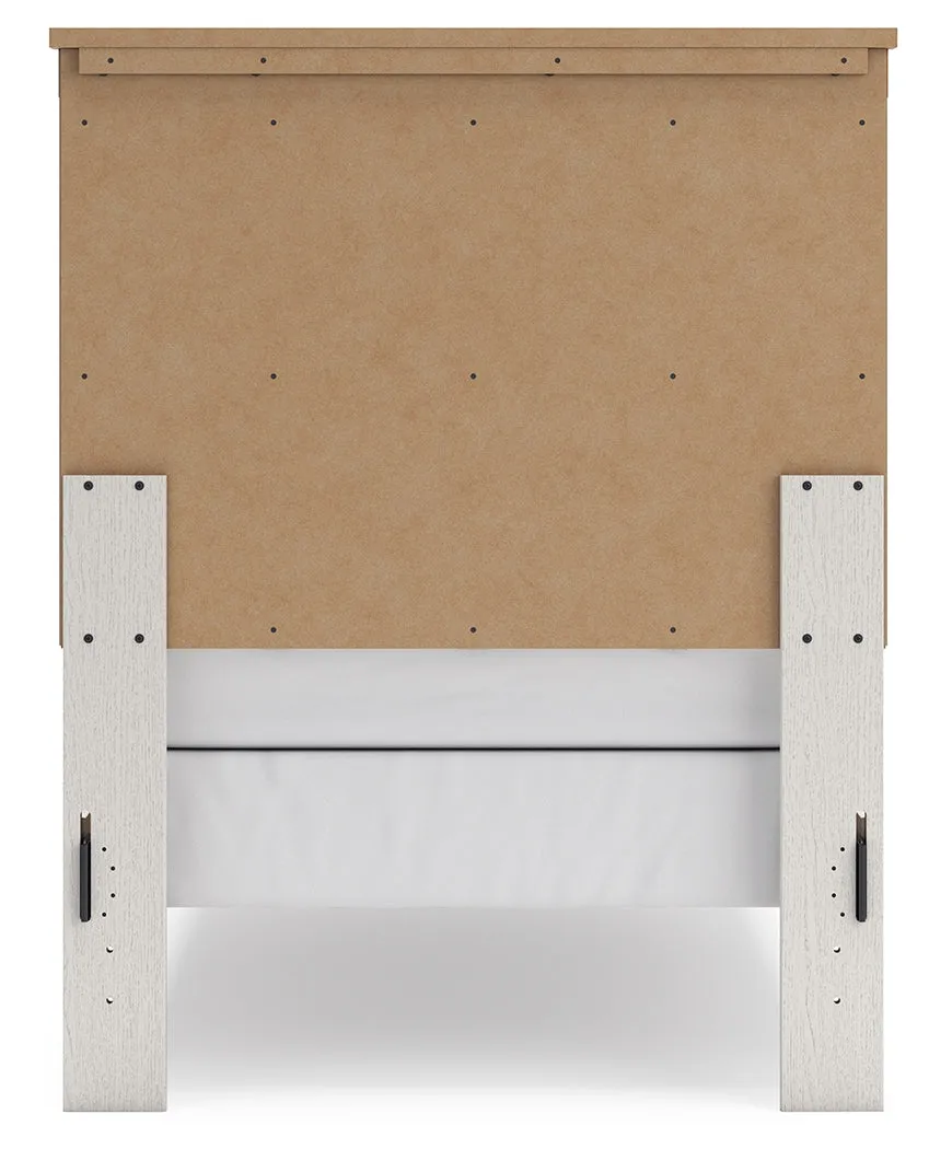 Linnocreek Twin Panel Bed with Mirrored Dresser in White/Warm Brown