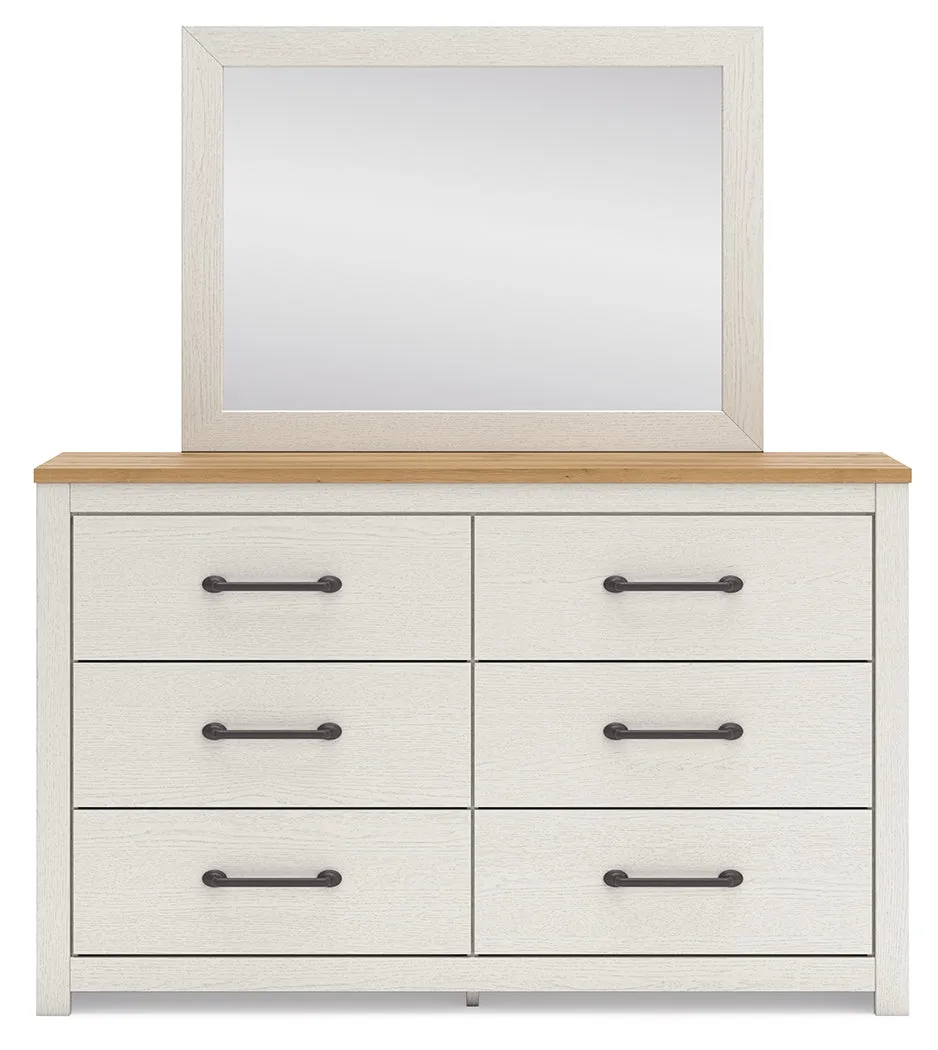 Linnocreek Twin Panel Bed with Mirrored Dresser in White/Warm Brown