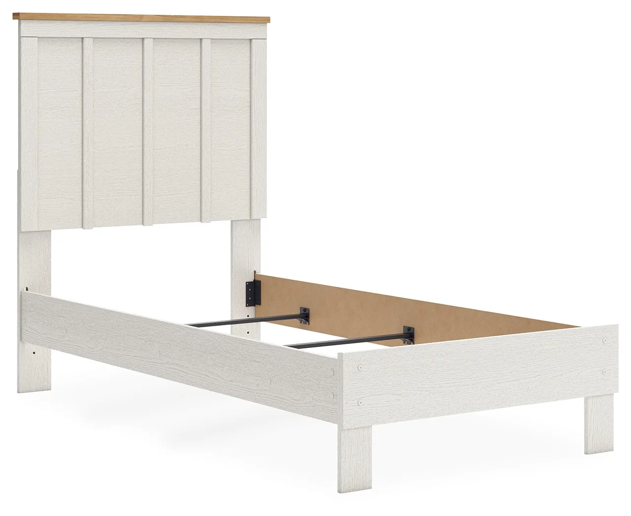 Linnocreek Twin Panel Bed with Mirrored Dresser in White/Warm Brown