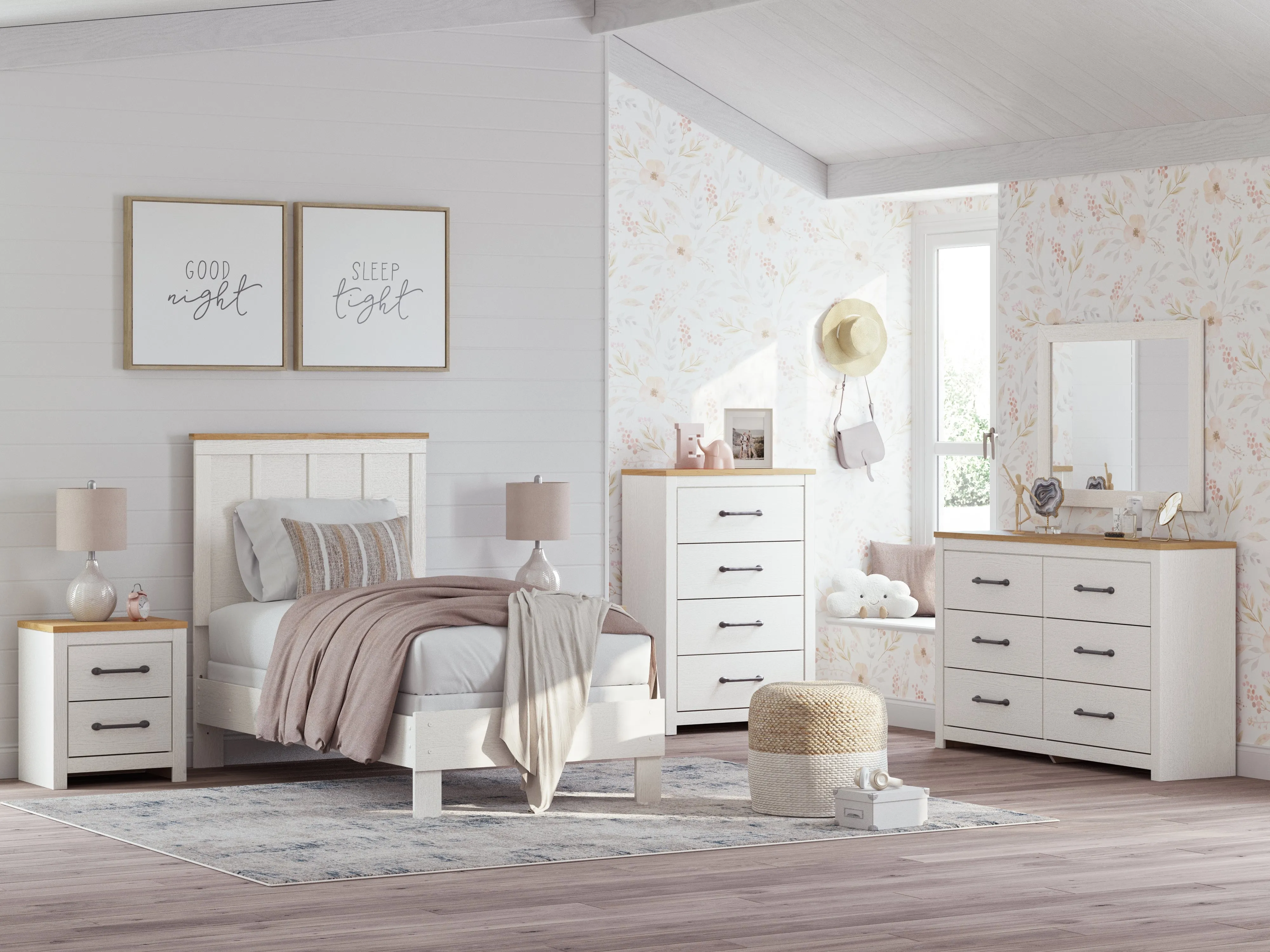 Linnocreek Twin Panel Bed with Mirrored Dresser in White/Warm Brown