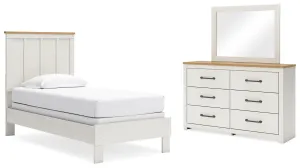 Linnocreek Twin Panel Bed with Mirrored Dresser in White/Warm Brown
