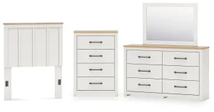 Linnocreek Twin Panel Headboard with Mirrored Dresser and Chest in White/Warm Brown