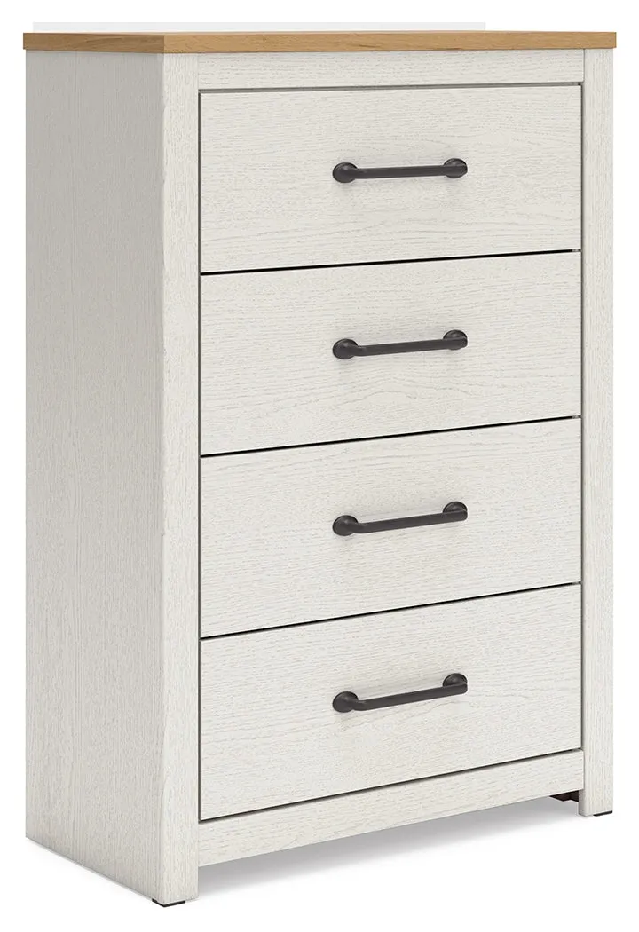 Linnocreek Twin Panel Headboard with Mirrored Dresser and Chest in White/Warm Brown