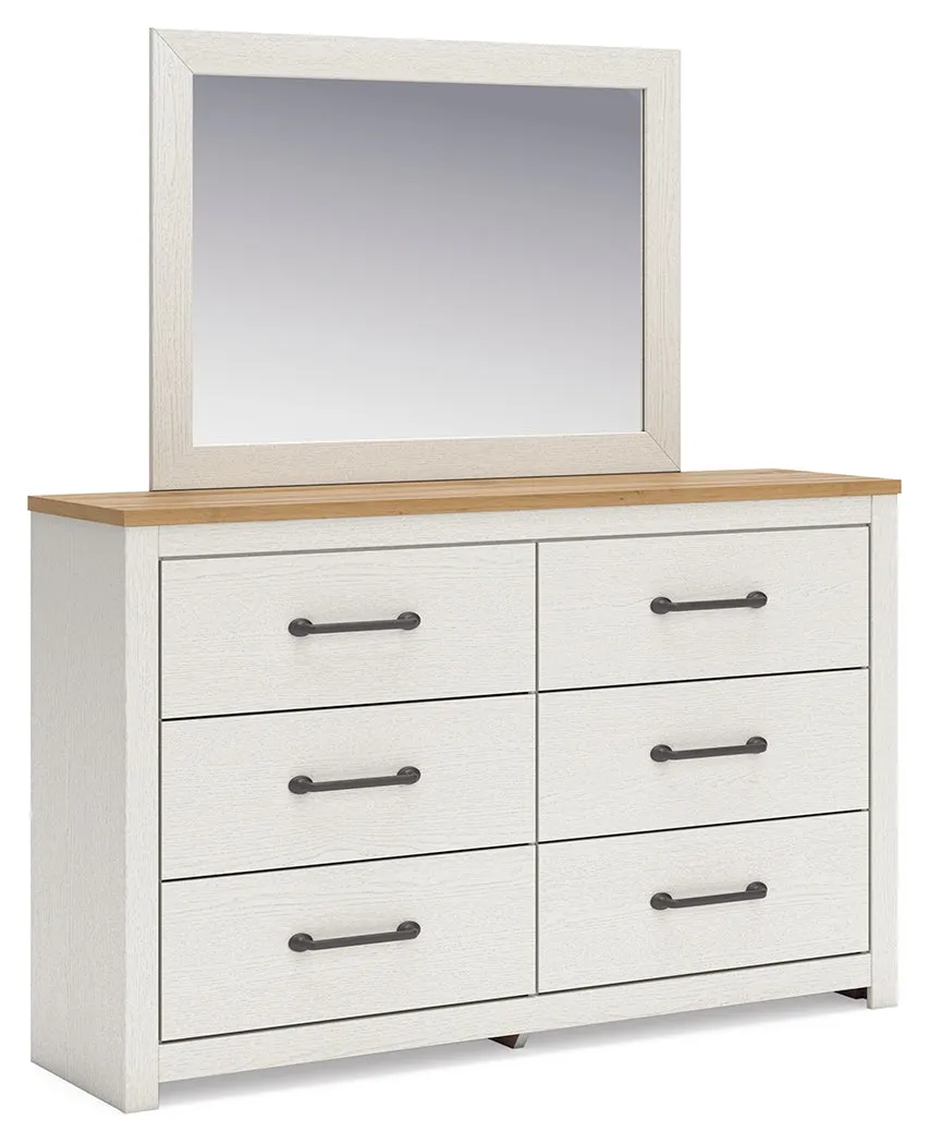 Linnocreek Twin Panel Headboard with Mirrored Dresser and Chest in White/Warm Brown