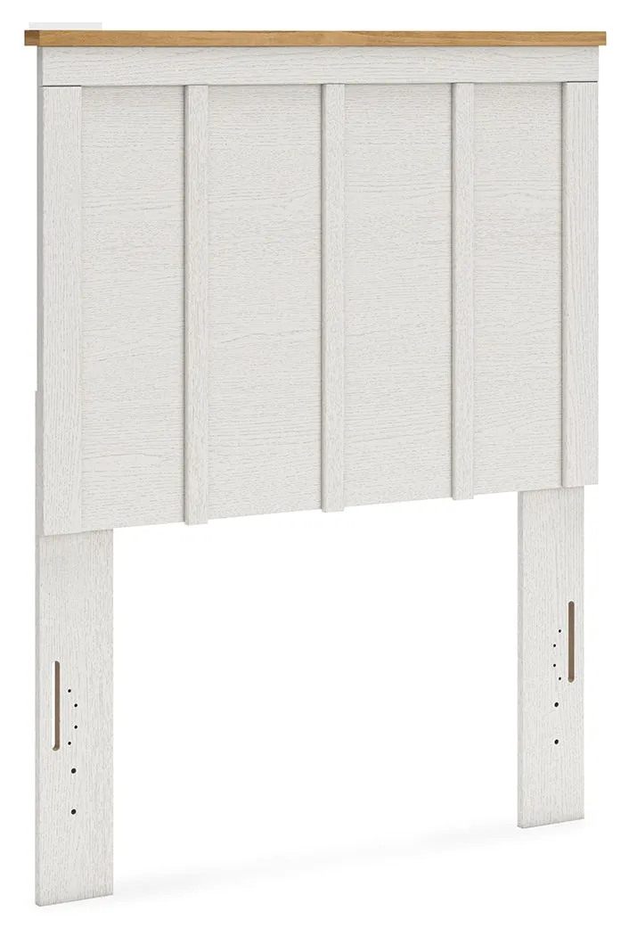 Linnocreek Twin Panel Headboard with Mirrored Dresser and Chest in White/Warm Brown