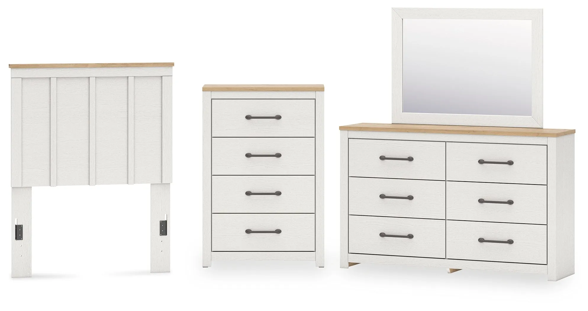 Linnocreek Twin Panel Headboard with Mirrored Dresser and Chest in White/Warm Brown