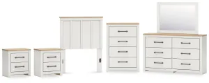 Linnocreek Twin Panel Headboard with Mirrored Dresser, Chest and 2 Nightstands in White/Warm Brown