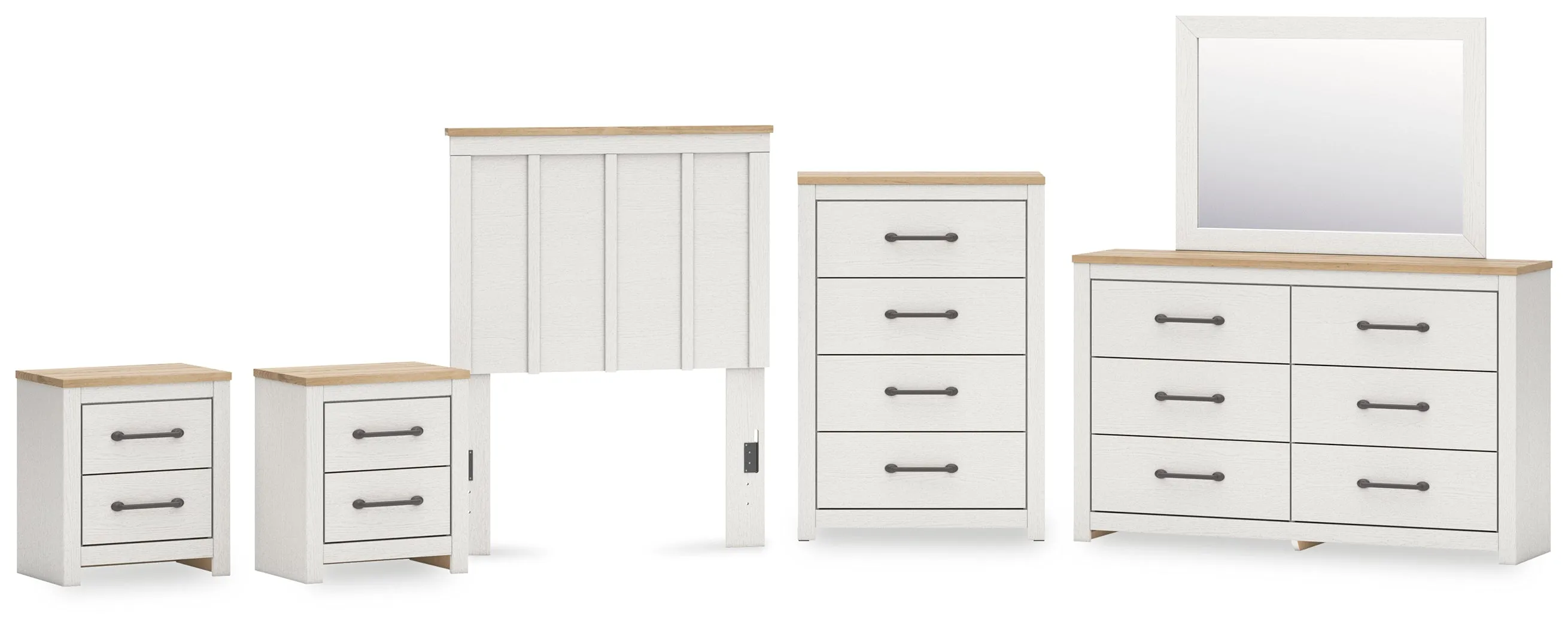 Linnocreek Twin Panel Headboard with Mirrored Dresser, Chest and 2 Nightstands in White/Warm Brown