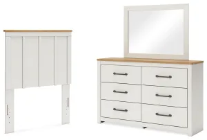 Linnocreek Twin Panel Headboard with Mirrored Dresser in White/Warm Brown