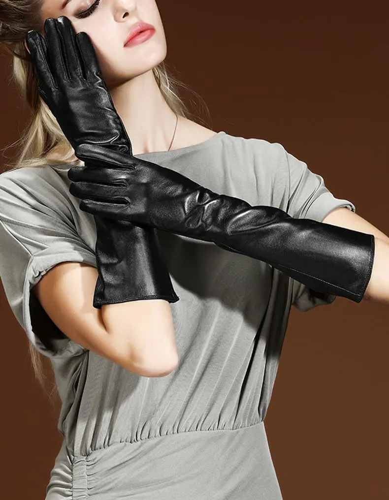 Luwint Soft Leather Long Opera Party Costume Evening Dress Driving Gloves, Matte Black