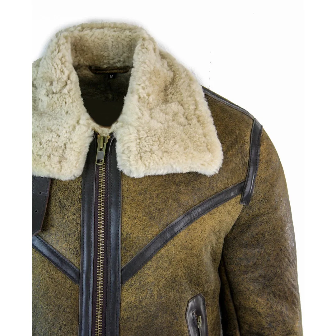 Men's Sherling Sheepskin Leather Viking RAF Jacket Brown Cream Fur