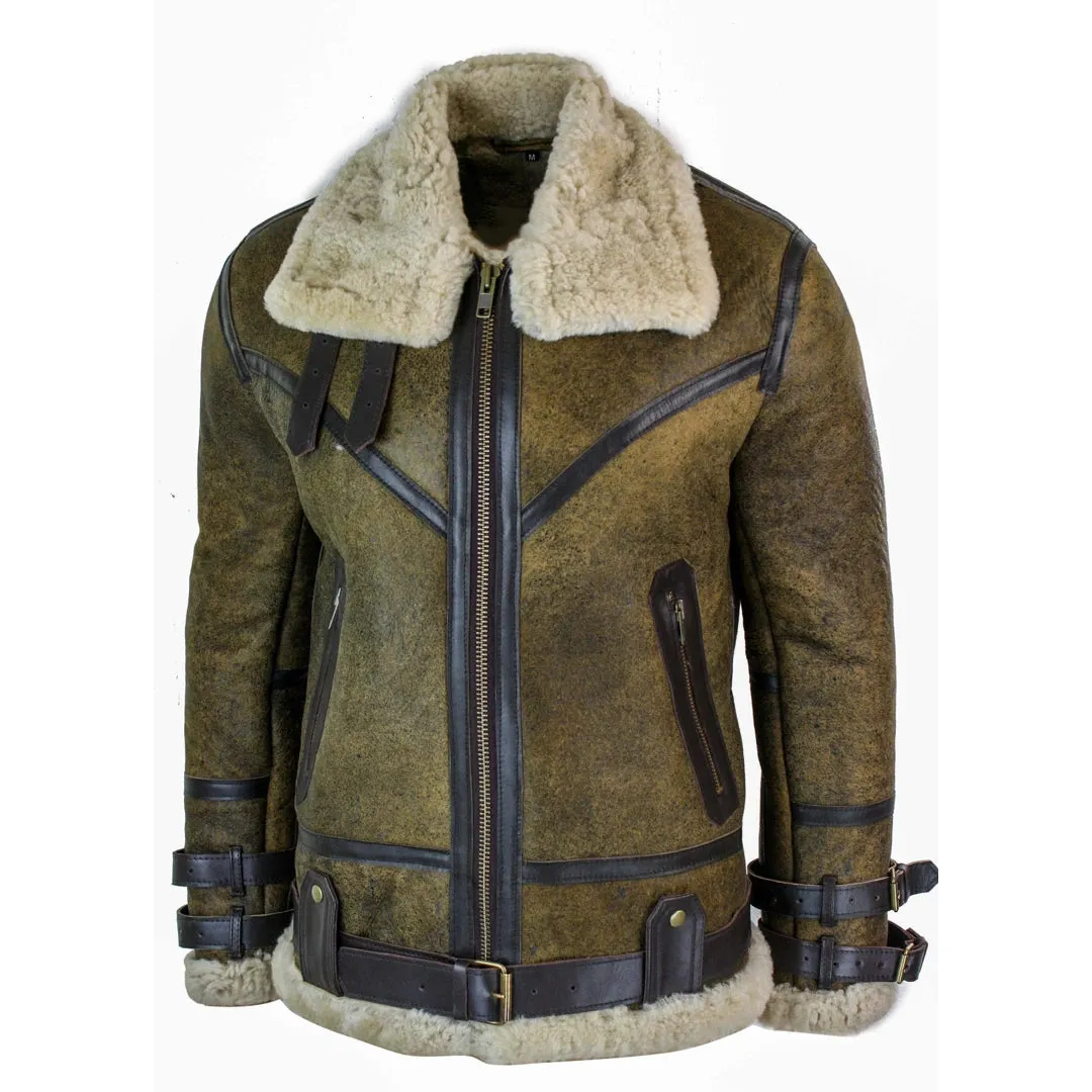 Men's Sherling Sheepskin Leather Viking RAF Jacket Brown Cream Fur