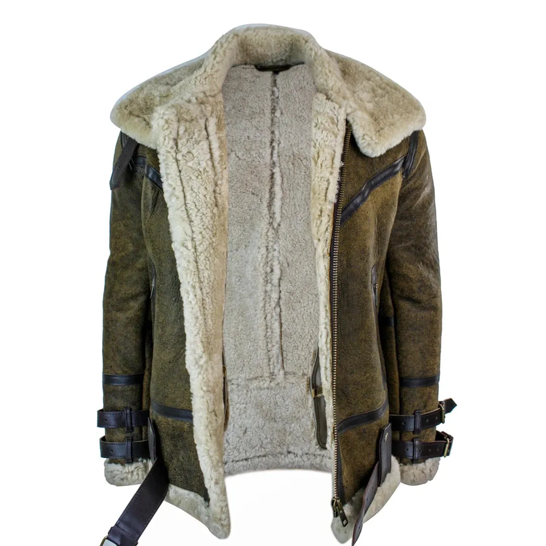 Men's Sherling Sheepskin Leather Viking RAF Jacket Brown Cream Fur