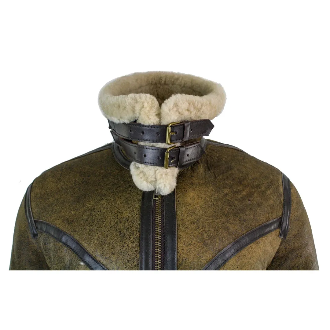 Men's Sherling Sheepskin Leather Viking RAF Jacket Brown Cream Fur