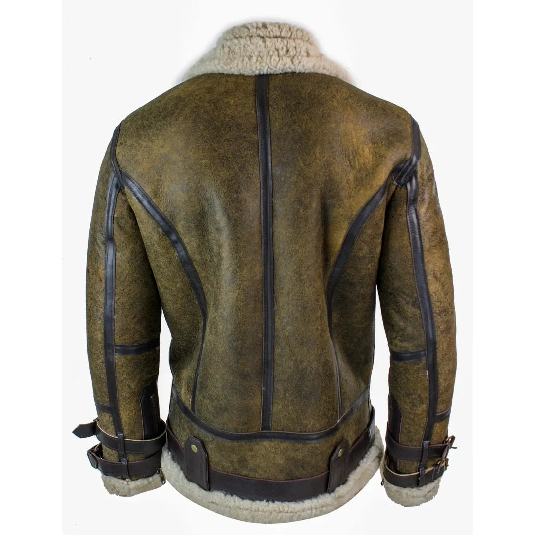 Men's Sherling Sheepskin Leather Viking RAF Jacket Brown Cream Fur