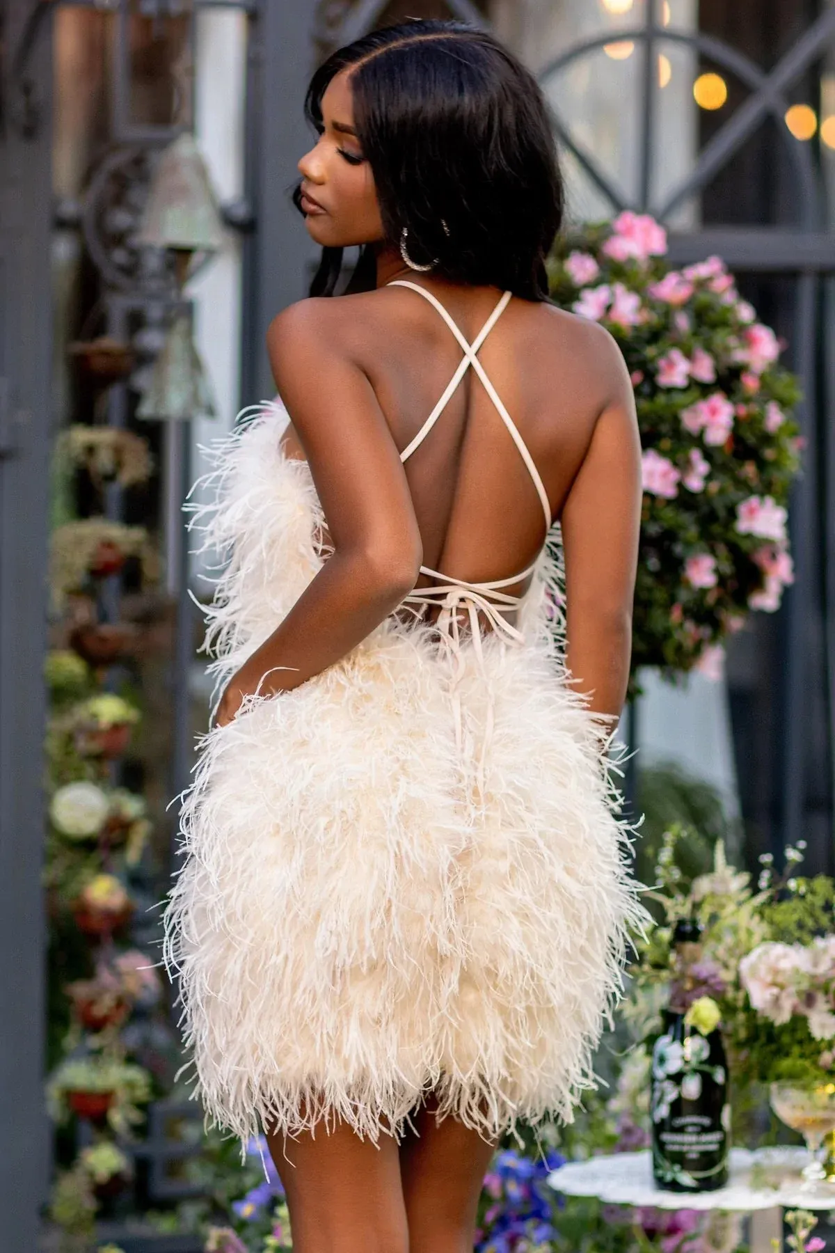 Power Up Champagne Charming Feather Halter Dress