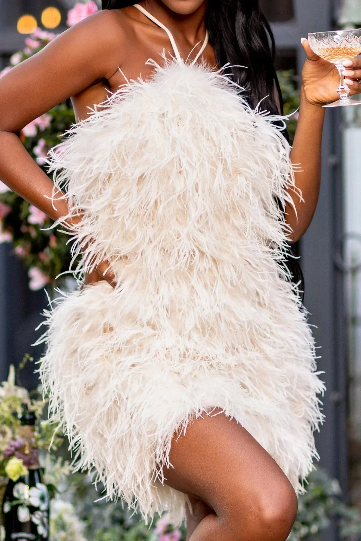 Power Up Champagne Charming Feather Halter Dress