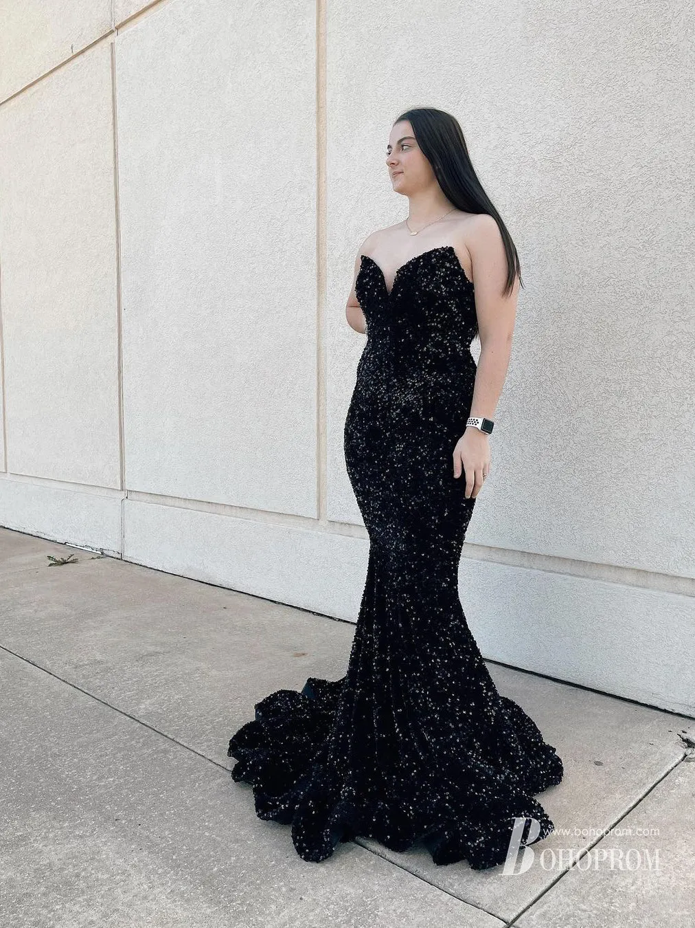 Shining Sequin Lace Strapless Neckline Mermaid Prom Dresses PD631