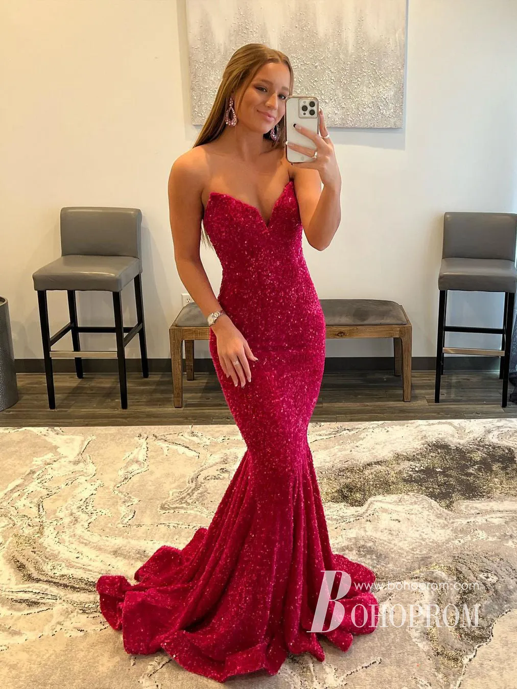 Shining Sequin Lace Strapless Neckline Mermaid Prom Dresses PD631