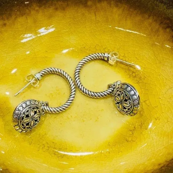 Sterling Silver Braided Hoops Sliding Charm Earrings