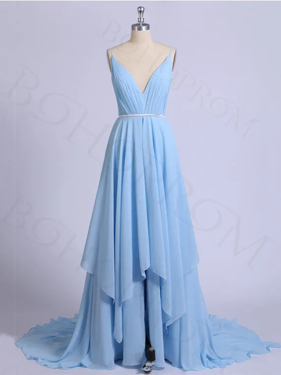 Stunning Chiffon Prom Dresses A-line Spaghetti Straps With Slit PD234