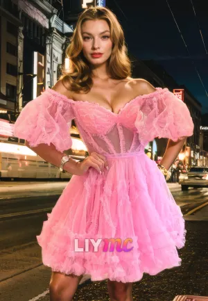 Sweetheart Puff Sleeves Pleated Sheer A-Line Short Homecoming Dress