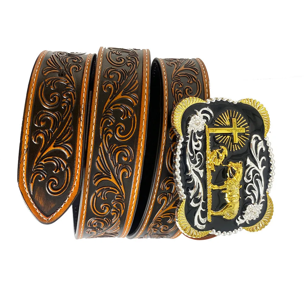 TOPACC Western Genuine Leather Pattern Tooled Belt-3D Cross Horses Prayer Buckle