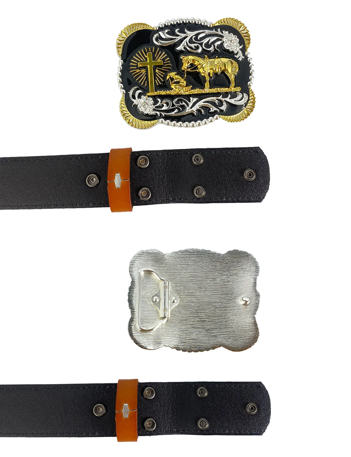 TOPACC Western Genuine Leather Pattern Tooled Belt-3D Cross Horses Prayer Buckle