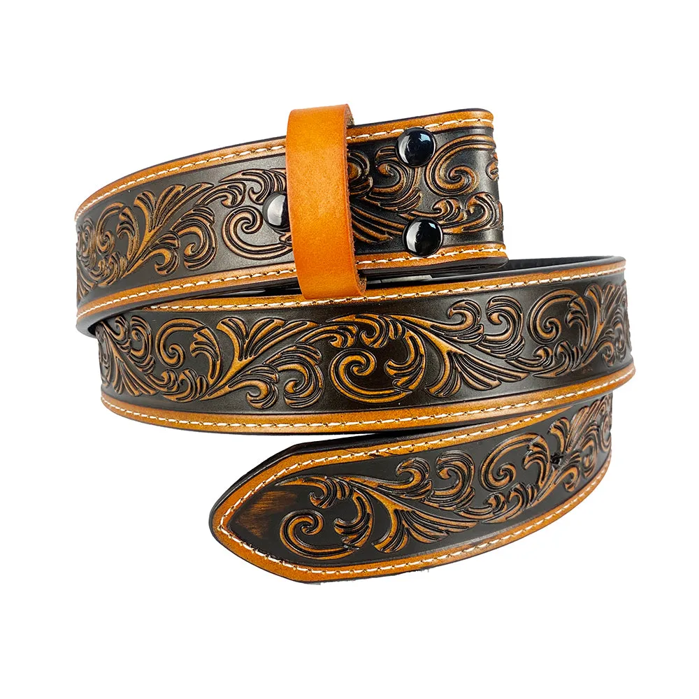 TOPACC Western Genuine Leather Pattern Tooled Belt-3D Cross Horses Prayer Buckle