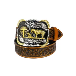 TOPACC Western Genuine Leather Pattern Tooled Belt-3D Cross Horses Prayer Buckle