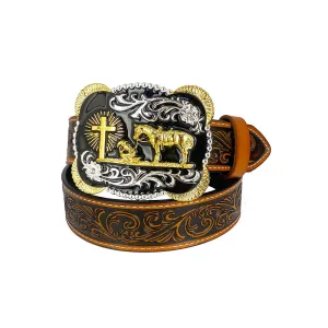 TOPACC Western Genuine Leather Pattern Tooled Belt-3D Cross Horses Prayer Buckle