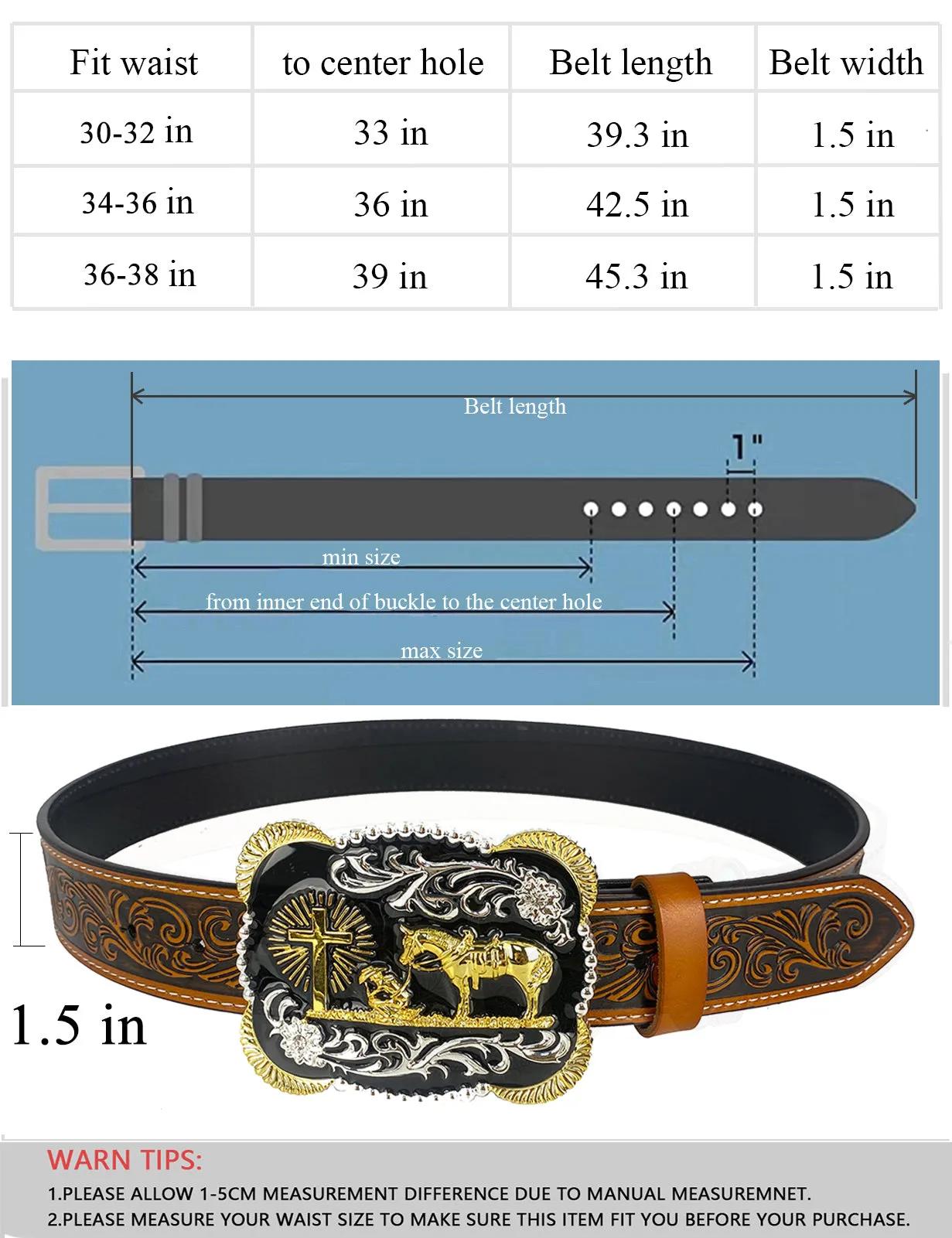 TOPACC Western Genuine Leather Pattern Tooled Belt-3D Cross Horses Prayer Buckle