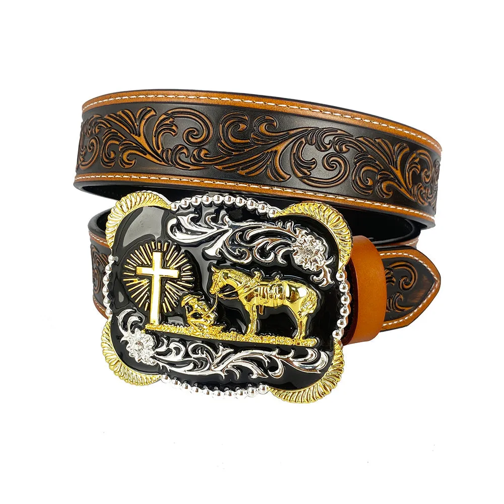 TOPACC Western Genuine Leather Pattern Tooled Belt-3D Cross Horses Prayer Buckle