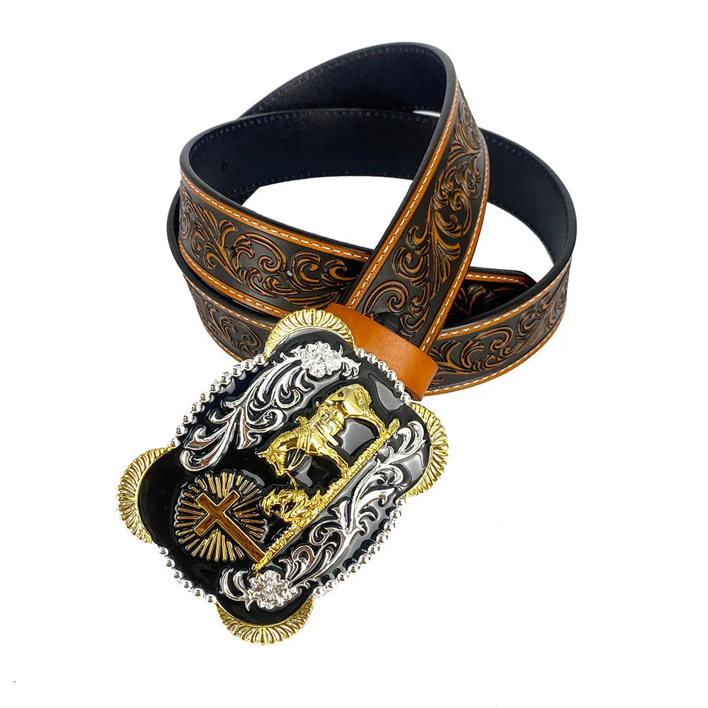 TOPACC Western Genuine Leather Pattern Tooled Belt-3D Cross Horses Prayer Buckle