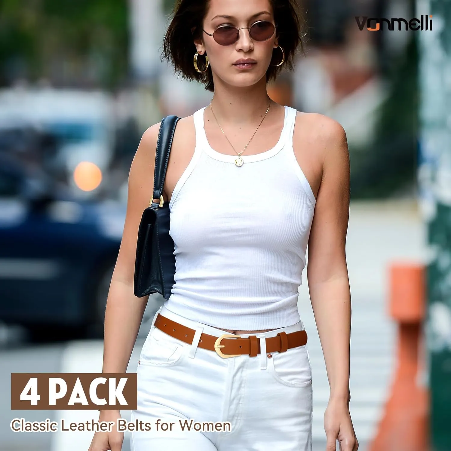 VONMELLI 4 Pack Womens Thin Leather Belt Skinny Waist Belts for Women Fashion Jeans Dress with Gold Buckle