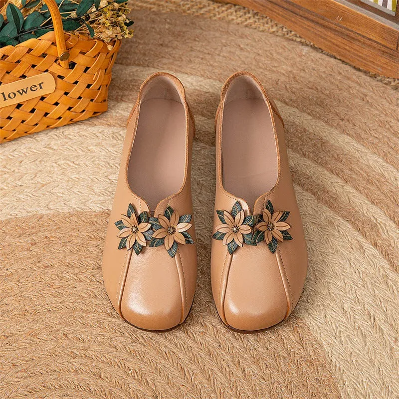 Wedges Flat Flower Vintage Leather Soft Sole Slip Women's Shoes