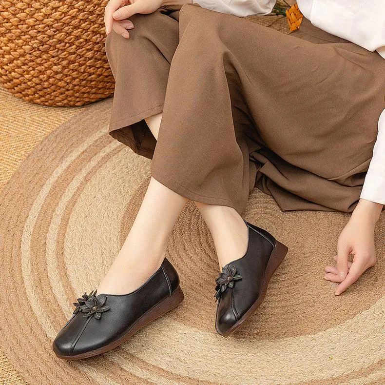 Wedges Flat Flower Vintage Leather Soft Sole Slip Women's Shoes