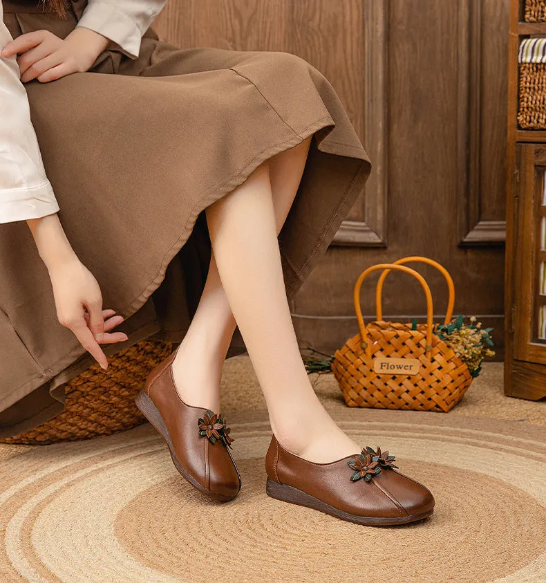 Wedges Flat Flower Vintage Leather Soft Sole Slip Women's Shoes